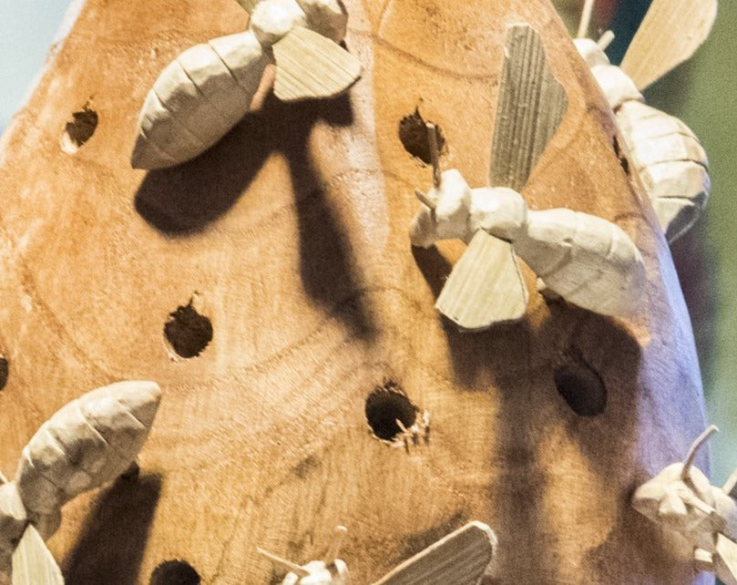 Wooden Beehive Carving, Alive with Buzzing Bees