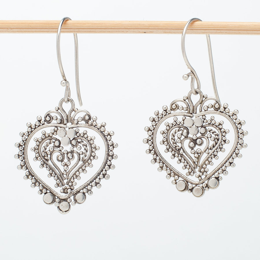 Ornate Sterling Silver Heart Earrings