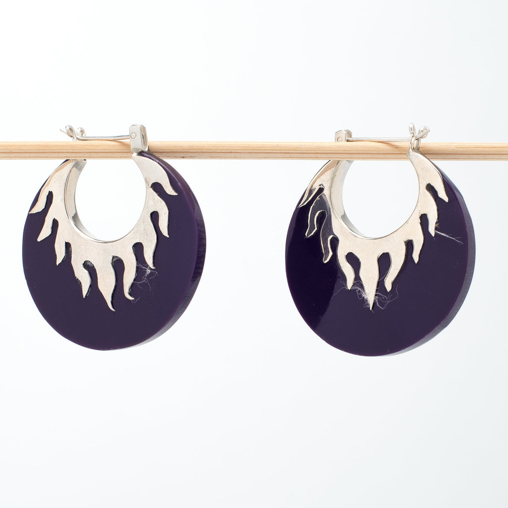 Purple Resin Half Moon Earrings With Silver Rays