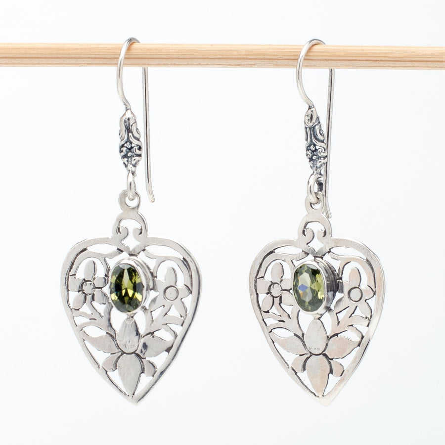 Intricate Sterling Heart Earrings With Peridot