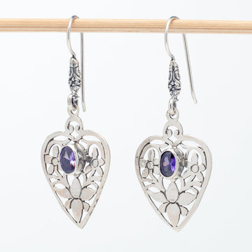 Intricate Sterling Heart Earrings With Amethyst