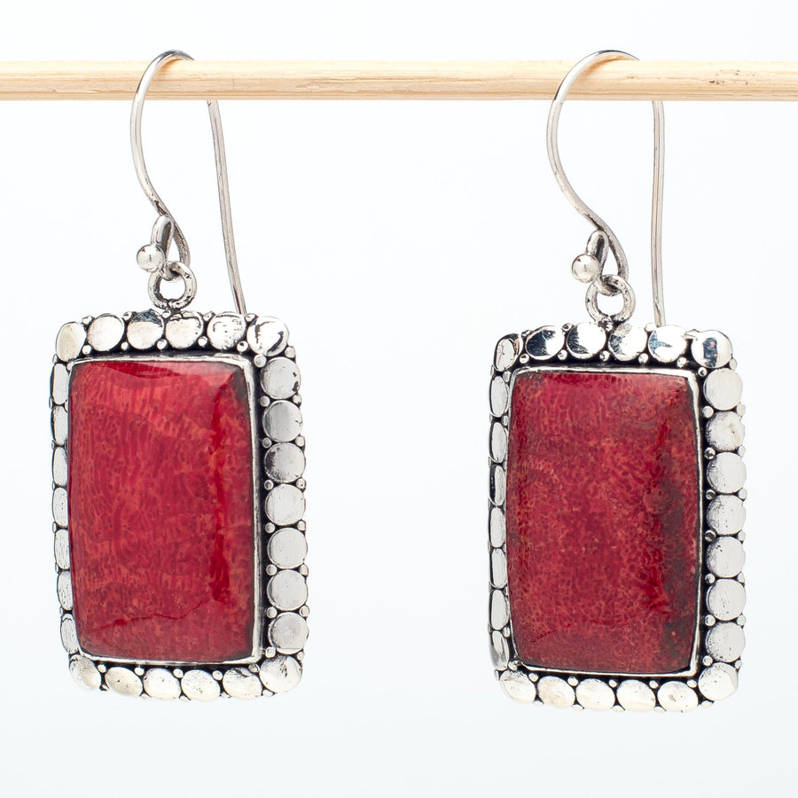 Large Rectangular Red Coral Earrings