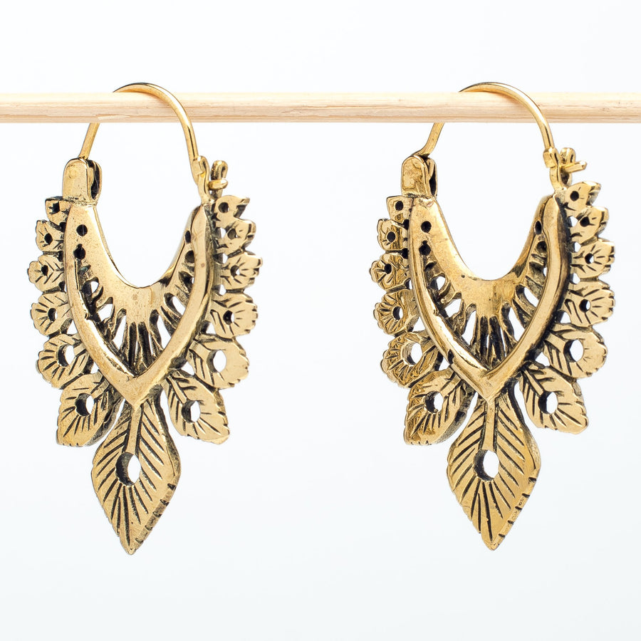 Oblong Fancy Brass Feather Earrings