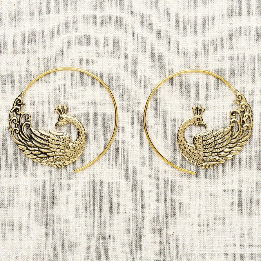 Brass Hoop Peacock Earrings