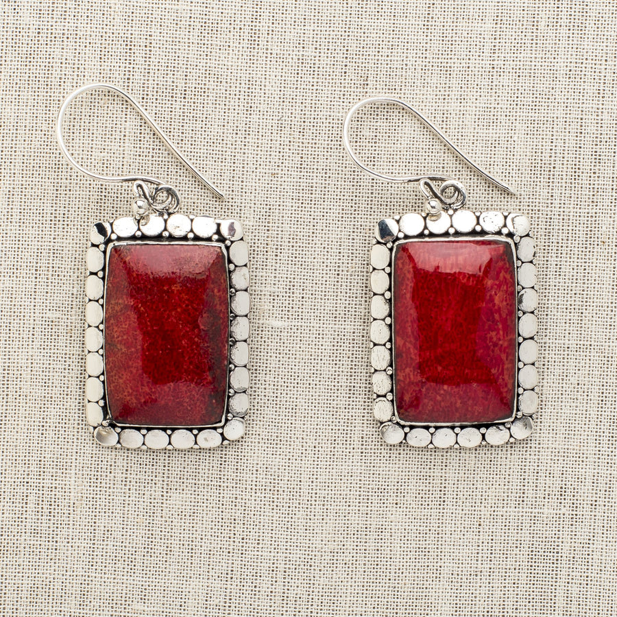 Large Rectangular Red Coral Earrings
