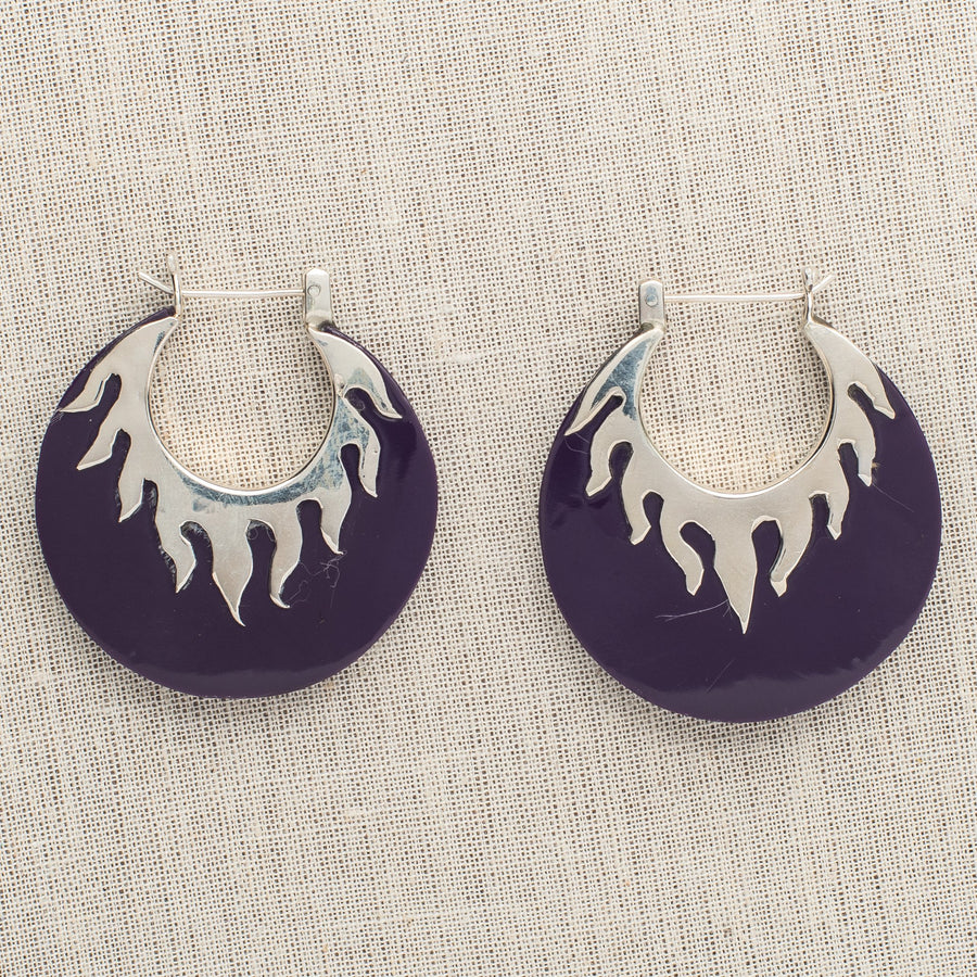 Purple Resin Half Moon Earrings With Silver Rays