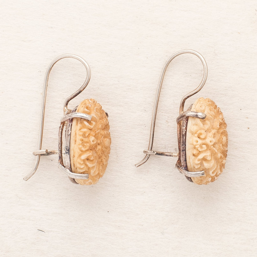 Carved Bone Cabochon Earrings