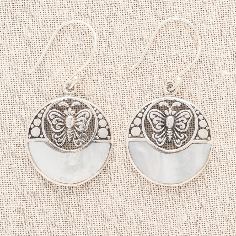 Mother of Pearl and Butterfly Round Earrings