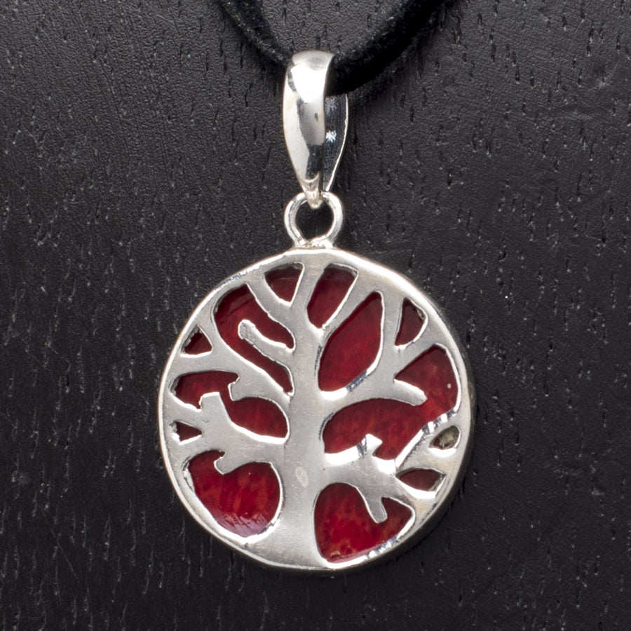 Sterling Tree Pendant on Red Resin