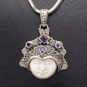 Carved Bone Face and Sterling Crown with Amethysts