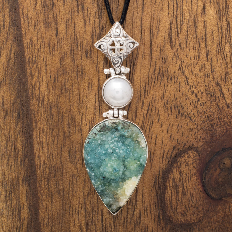 Cultured Pearl and Teal Druzy Pendant