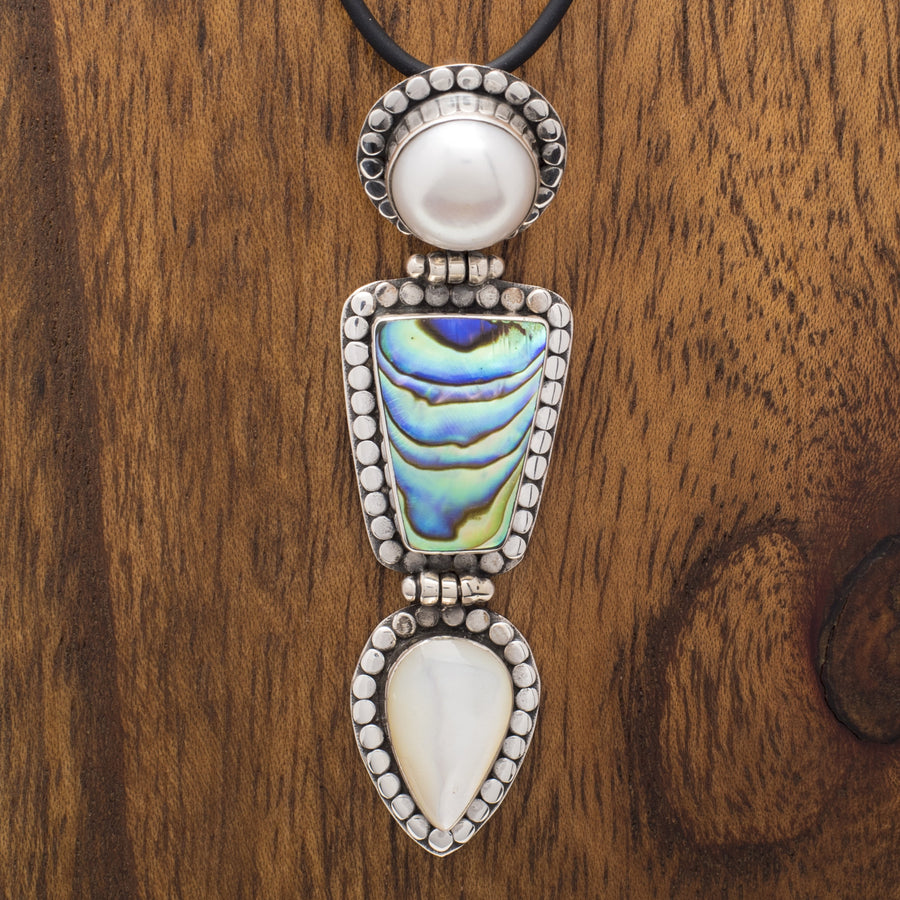 Long Pendant of Moonstone, Pearl, and Abalone