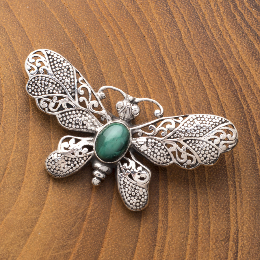 Sterling Butterfly Pin/Pendant with Malachite
