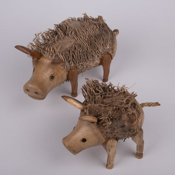 Whimsical Pigs Carvings with Root Fur