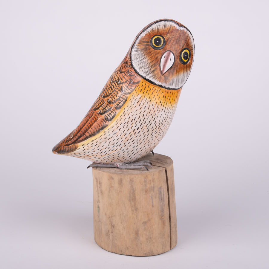 Hand Carved Owls - Barn Owl on Log