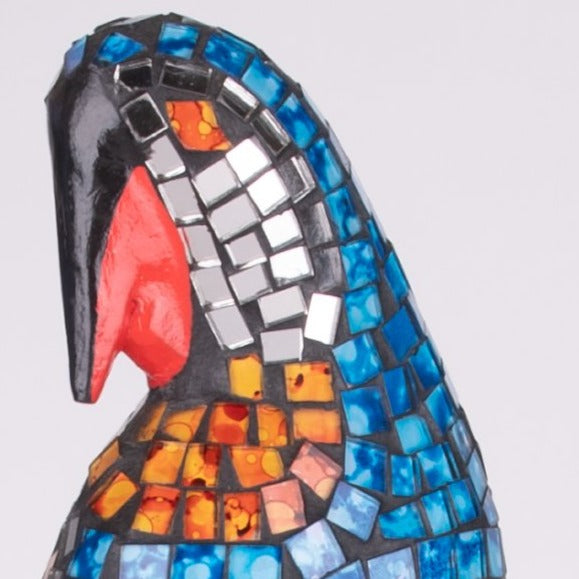 Mosaic Parrot Sculpture Swinging on a Swing