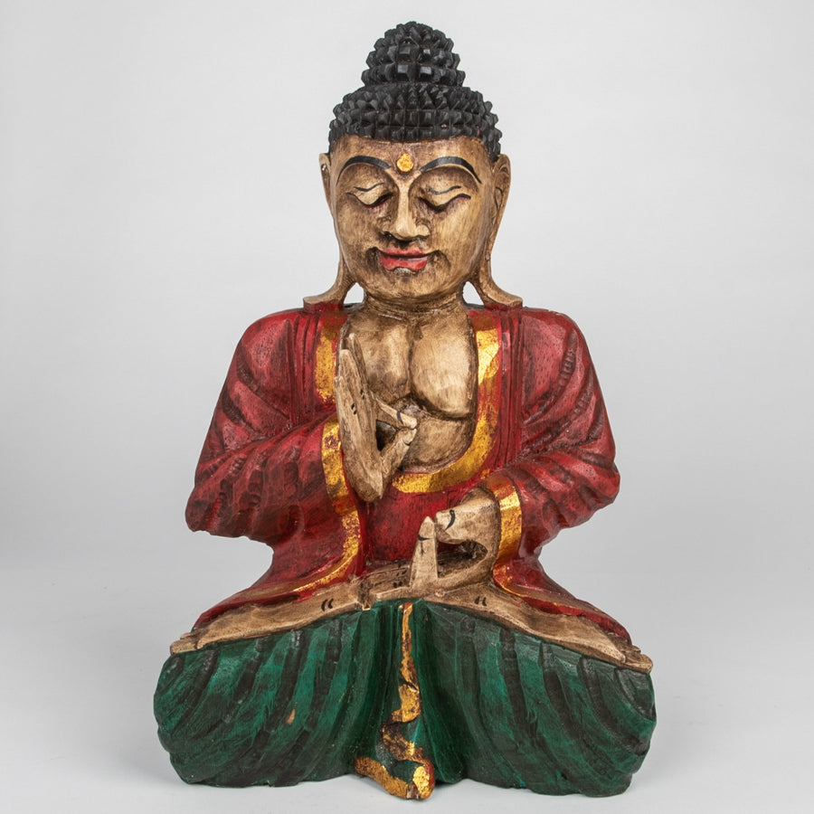 Rustic Carved Wooden Buddha in Colorful Robe