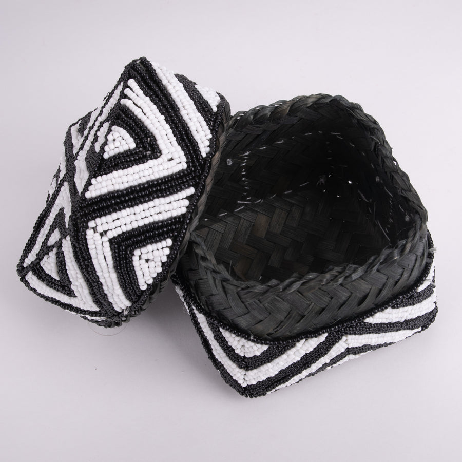 Handsome Square Black & White Beaded Basket