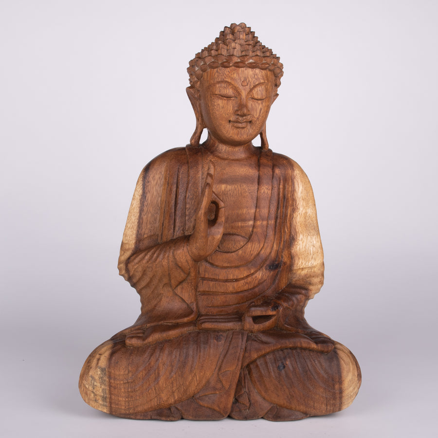 Peaceful Wooden Buddha with One Hand Up