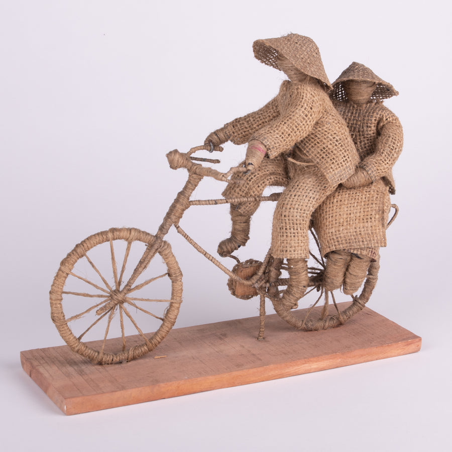 Burlap Sculpture Couple in Love Riding A Bike