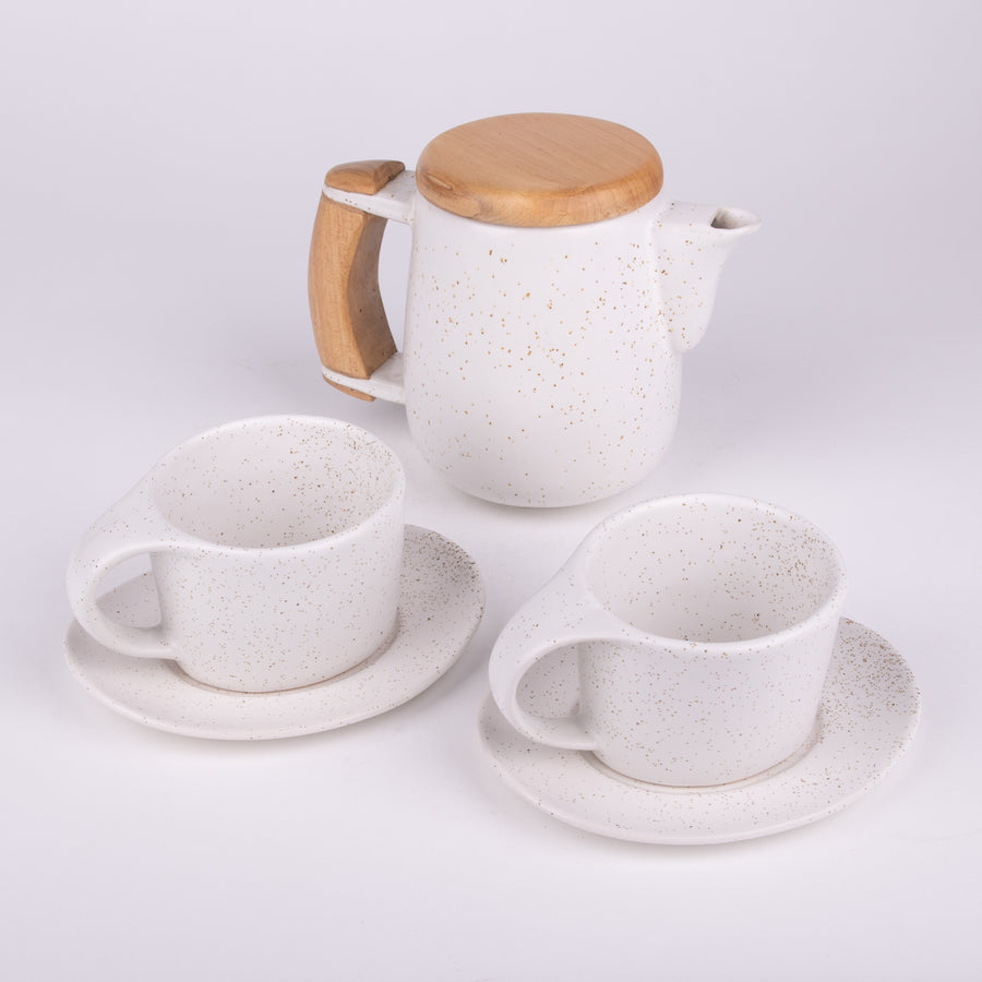 Wooden & Ceramic Modern Teapot, Cups & Saucers