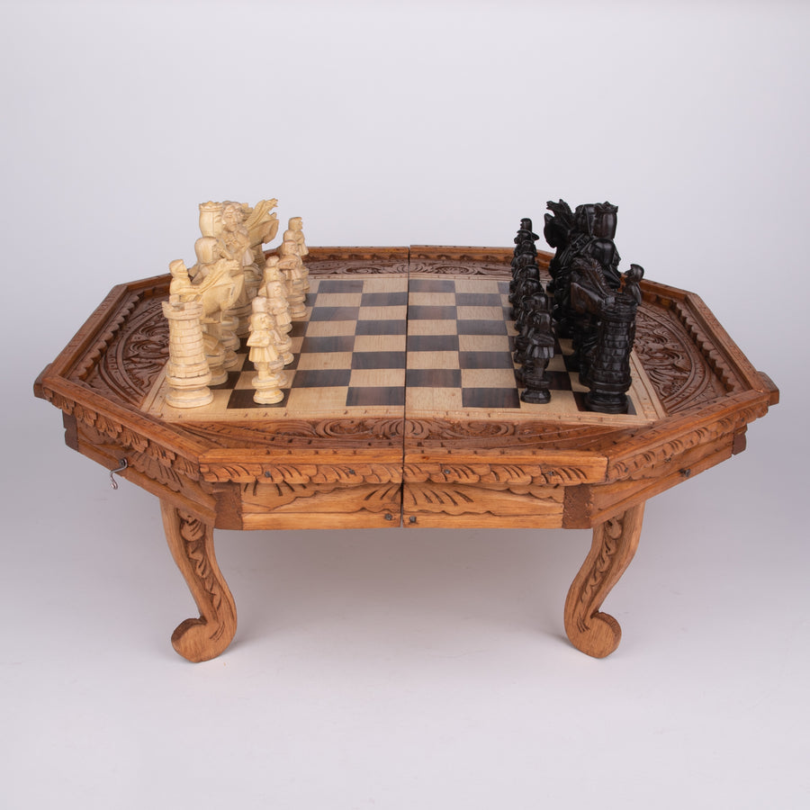 Hand Carved octagon Board and Court Style Chess Set