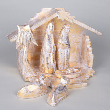 Modern Hand Carved Nativity Creche - Golden