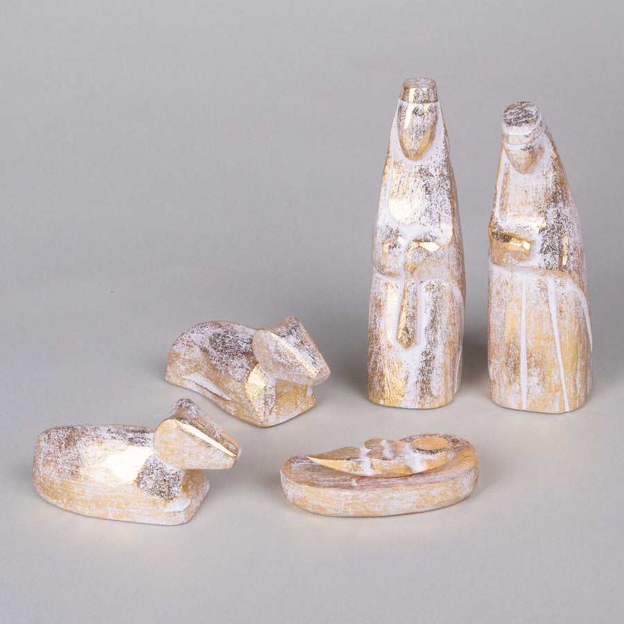 Modern Hand Carved Nativity Creche - Golden