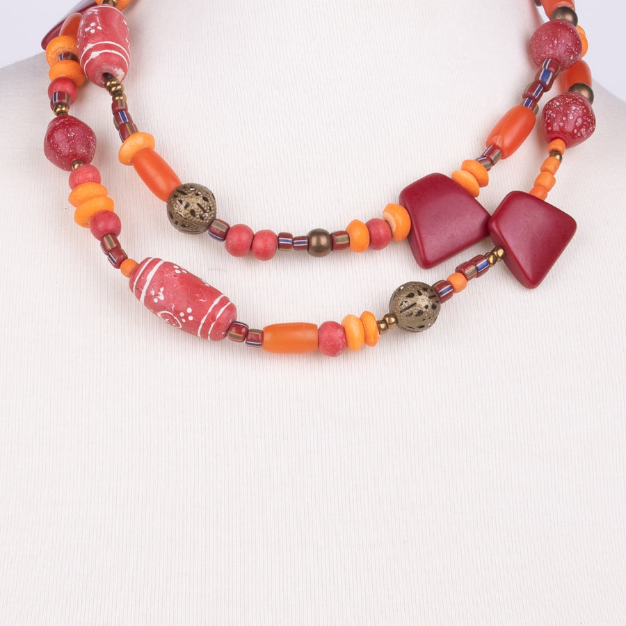 Red & Brick Colored Long Bead Necklace