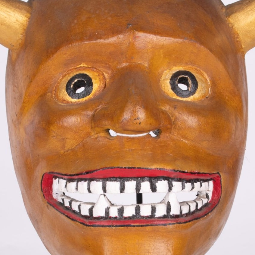 Carved Wooden Devil Mask with Horns