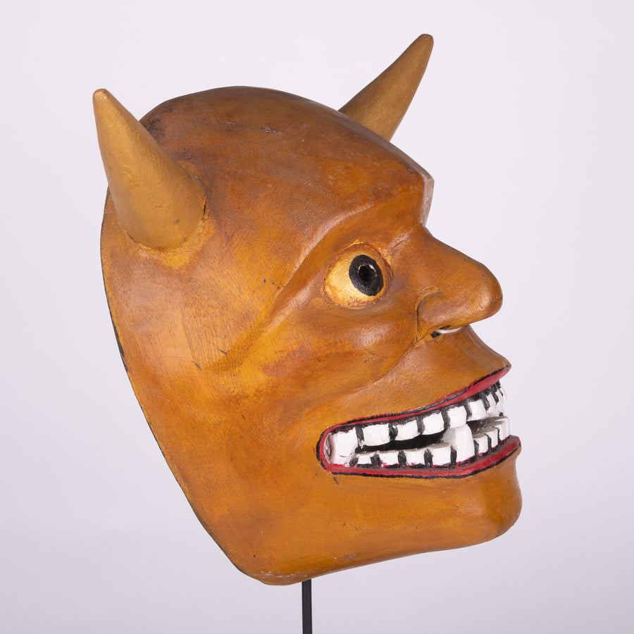 Carved Wooden Devil Mask with Horns