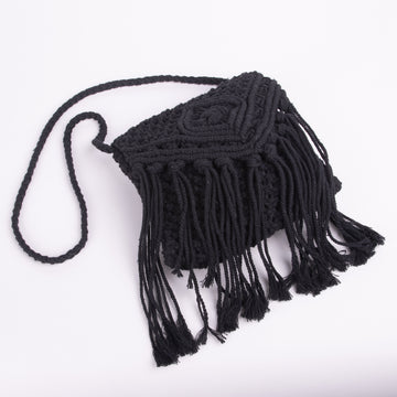 Macrame Small Black Purse With Flap And Fringe