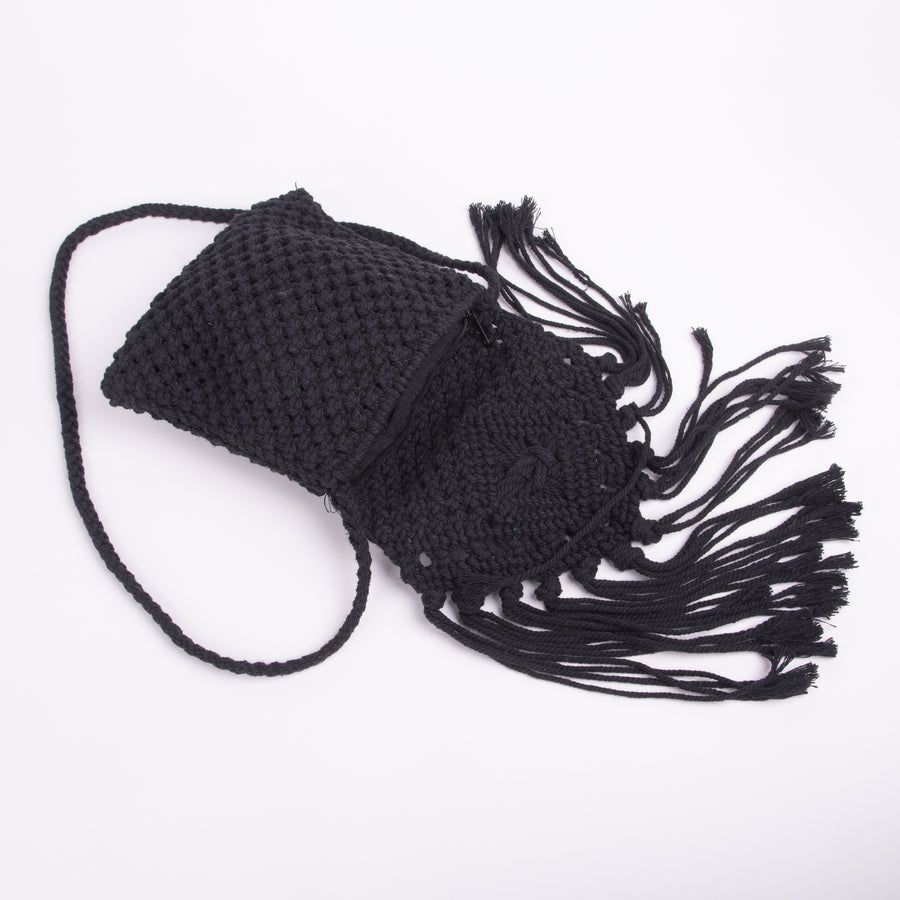 Macrame Small Black Purse With Flap And Fringe