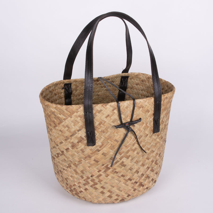 Large Woven Beach Basket with Leather Straps