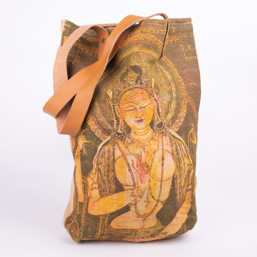 Shiva on Burlap with Leather Straps Tote