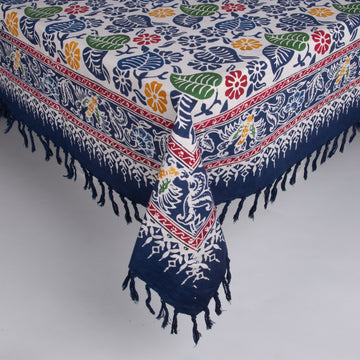 Large Batik Tablecloth - Navy & Colorful Flowers with Matching Napkins