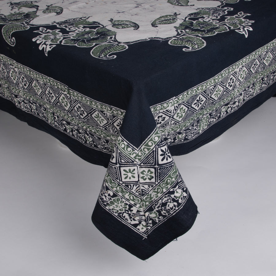 Large Deep Green & Cream Batik Tablecloth with Matching Napkins