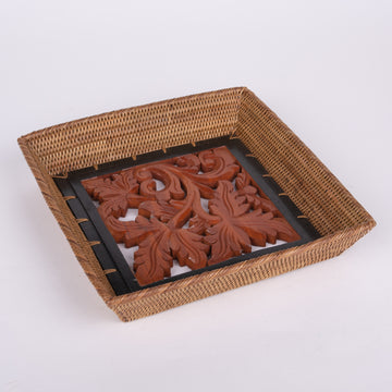 Handwoven Rattan Tray with Wooden Leaf Inset
