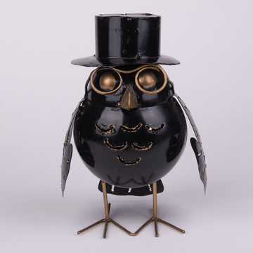 Spectacled Owl with Top Hat Tin Sculpture and Lantern
